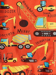 Close-up of the bulldozer, crane, concrete mixer and excavator graphics on an orange-red children's T-shirt