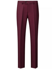 Men's burgundy dress pants with a slim fit and button closure.