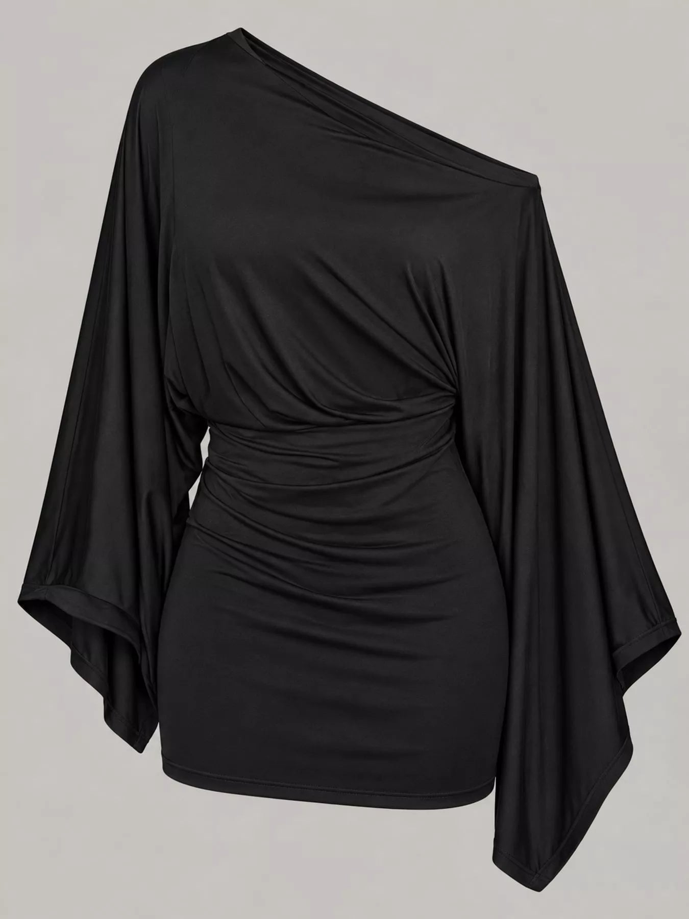 Black one shoulder draped bodycon mini dress shown flat without a model