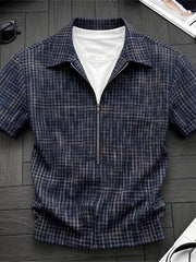 Men's plaid short-sleeve shirt with zipper detailing, made from polyester.