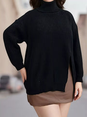 Front view of black ribbed turtleneck sweater with long sleeves