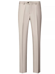 Men's cream white dress pants with a slim fit and button closure.