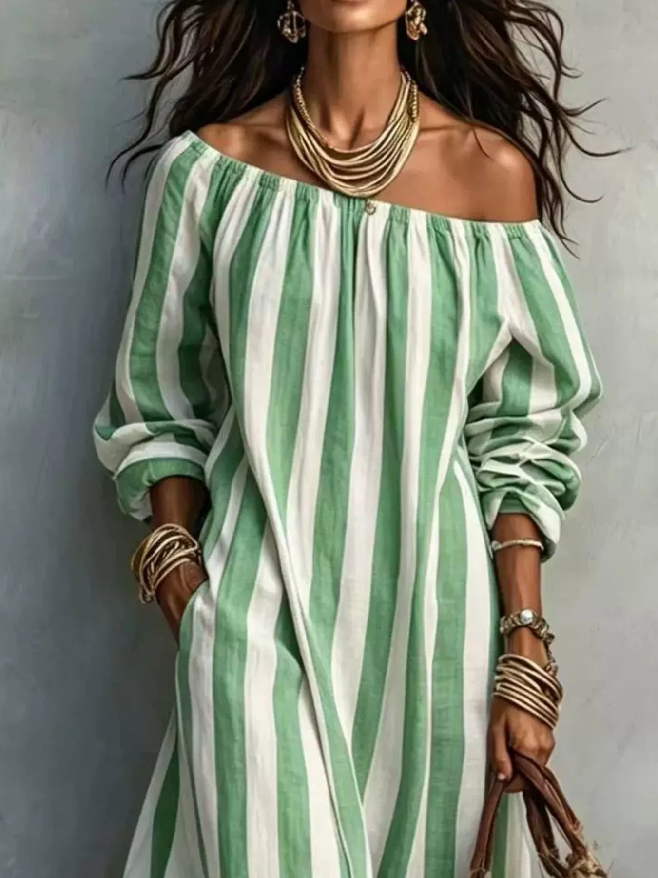 Close view of green and white striped off shoulder dress bodice and sleeves