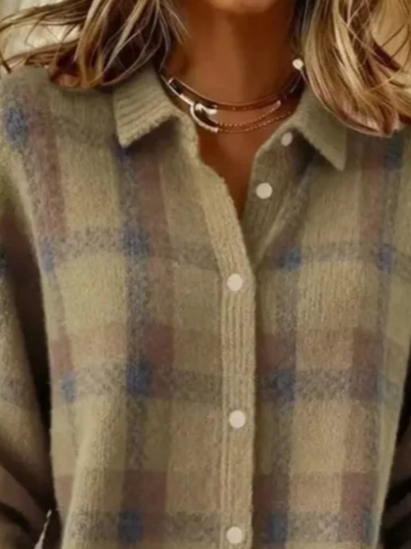 Close-up of the collar and button placket on a khaki plaid knit cardigan with white buttons