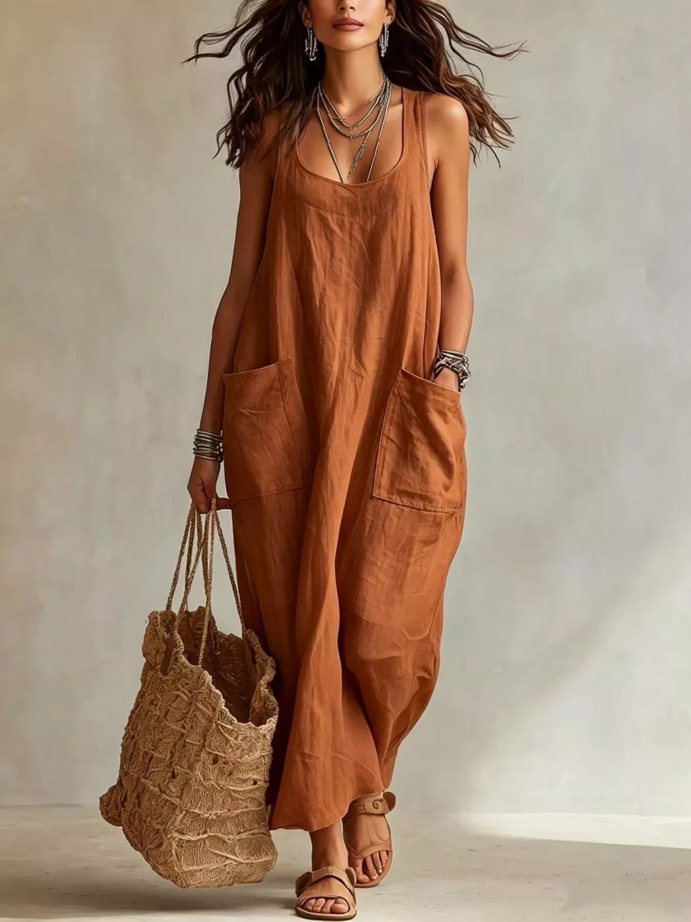 Model wearing brown sleeveless scoop neck maxi dress, full view with large front pockets