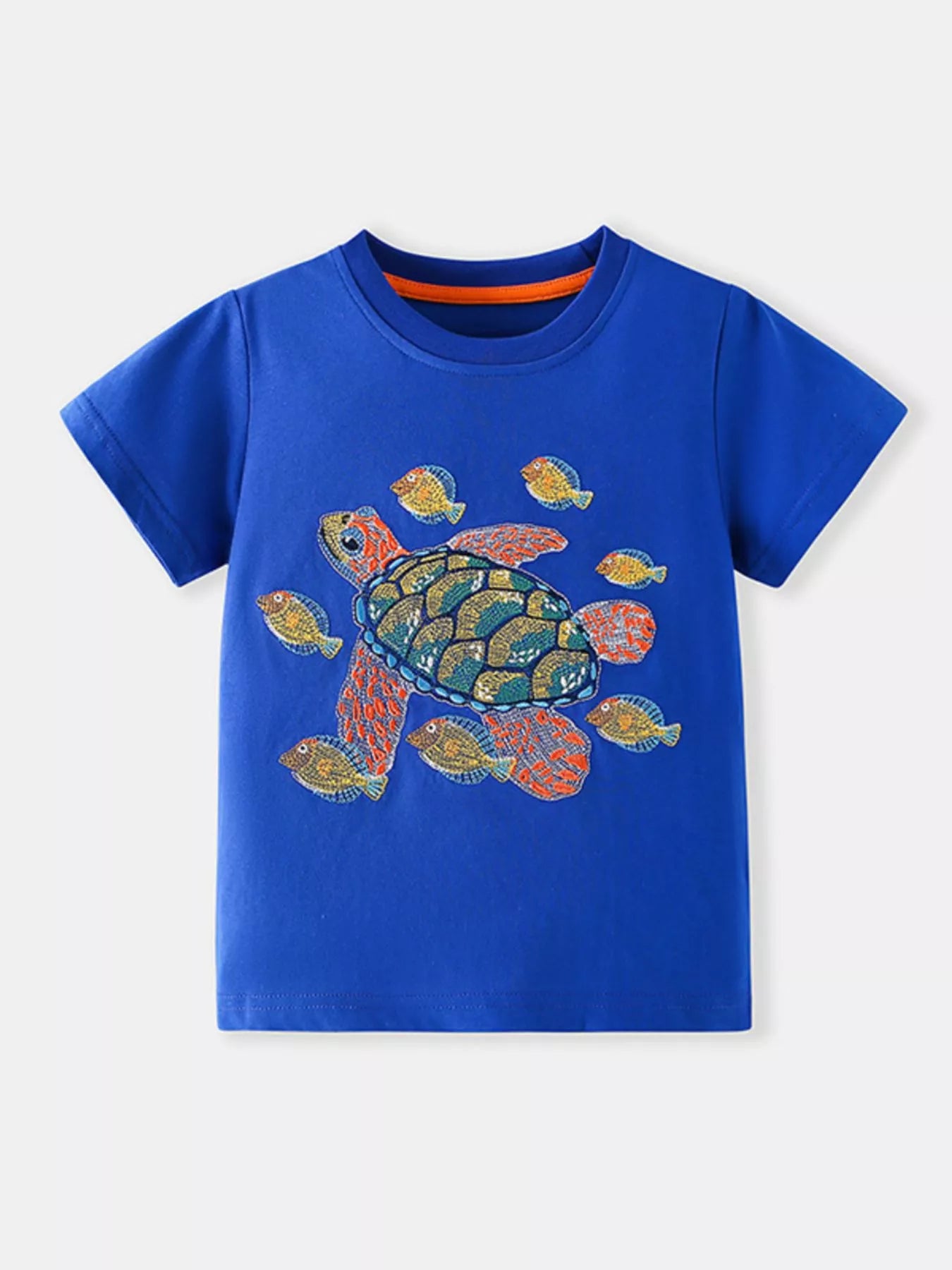 Front view of royal blue children's t-shirt with turtle and small fish graphic