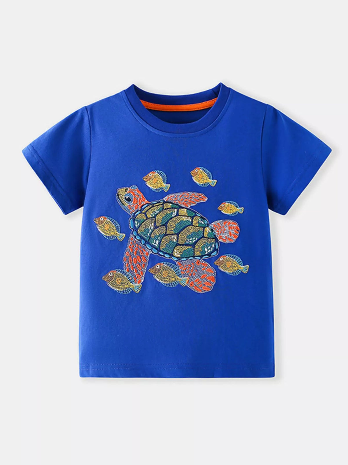 Front view of royal blue children's t-shirt with turtle and small fish graphic