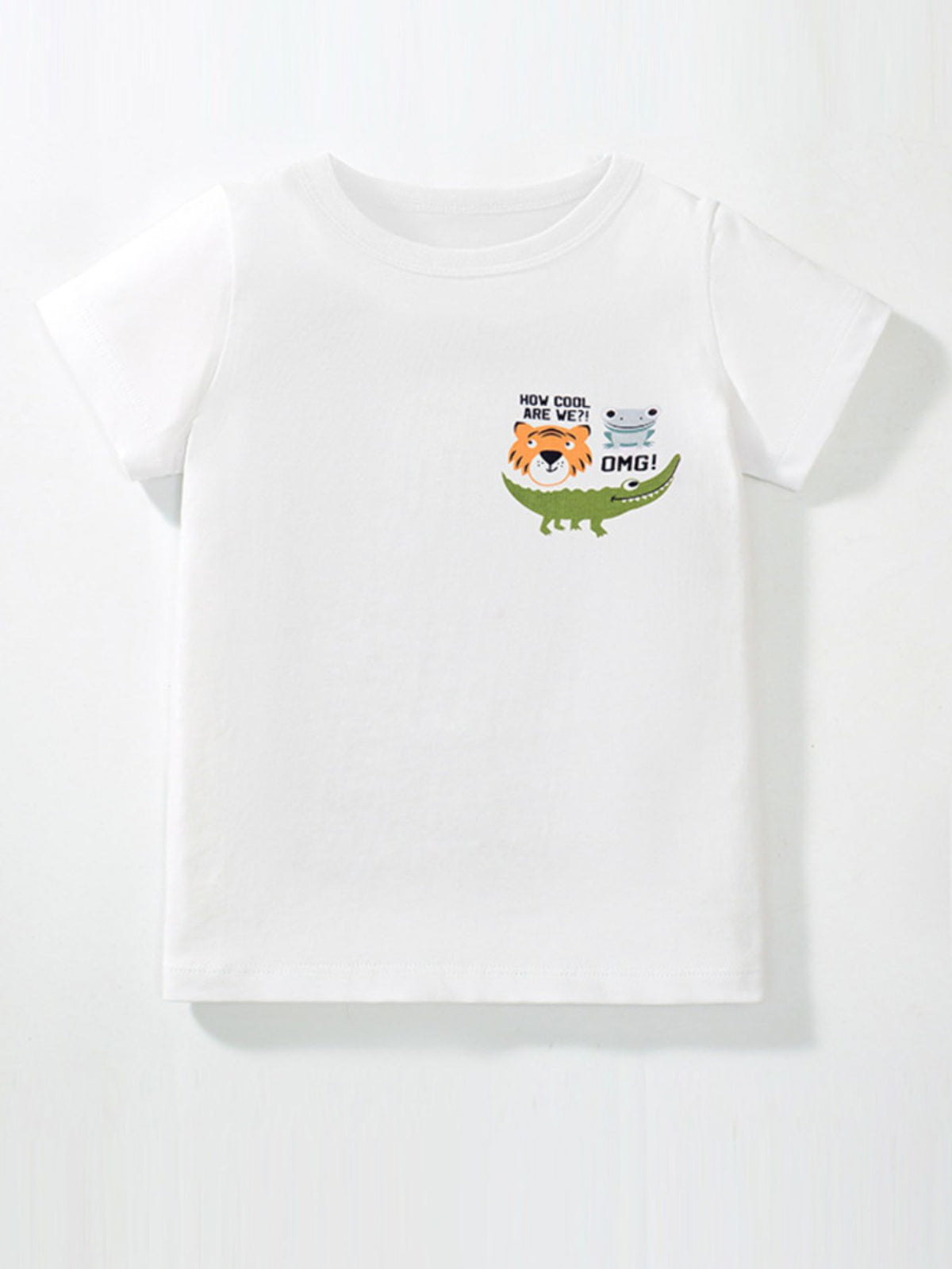 White children's short sleeve tee with a small tiger, frog and crocodile chest graphic, laid flat in front view