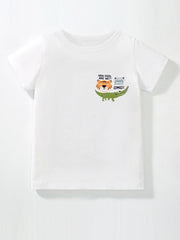 White children's short sleeve tee with a small tiger, frog and crocodile chest graphic, laid flat in front view