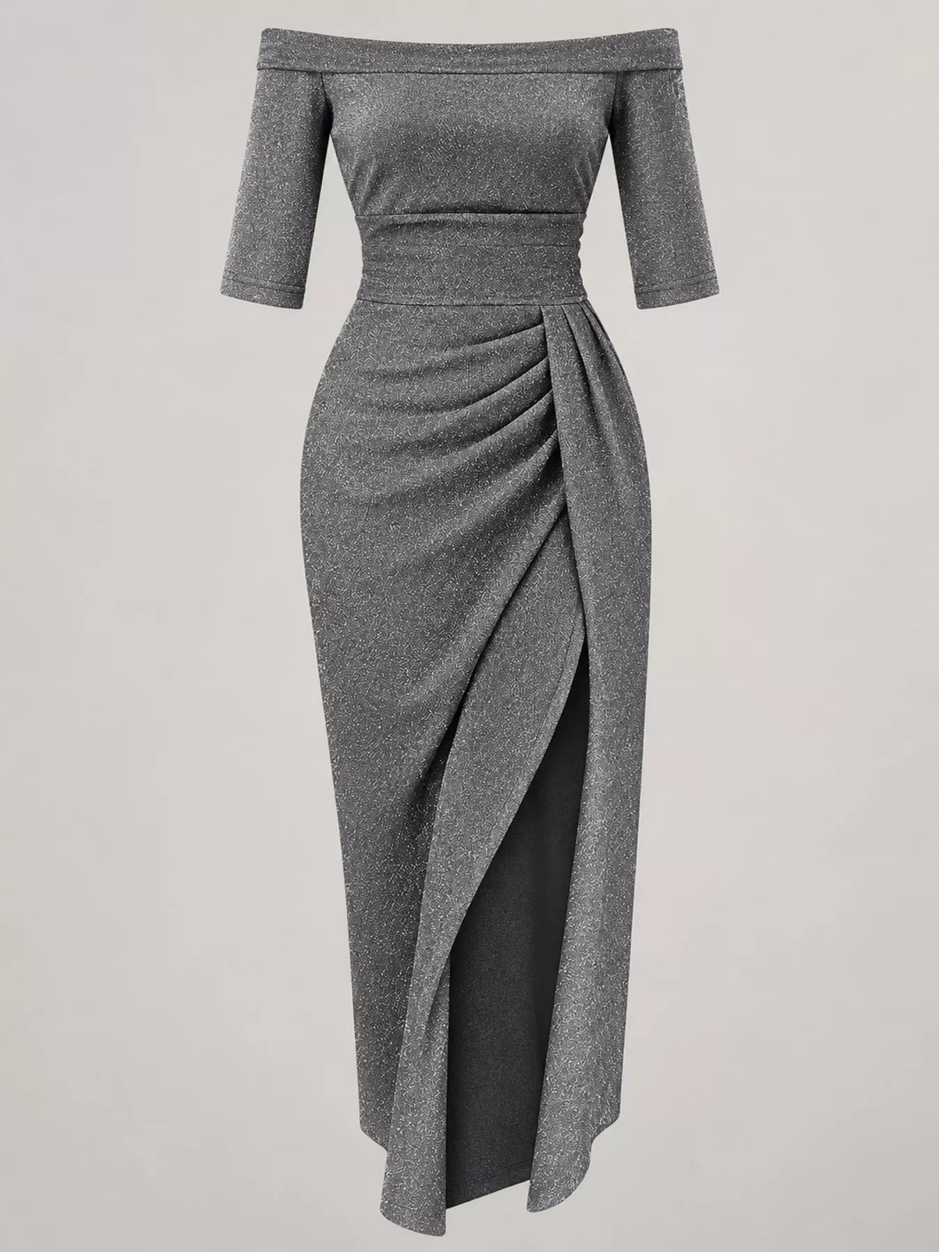 Gray shimmering off shoulder ruched midi dress with thigh slit displayed flat