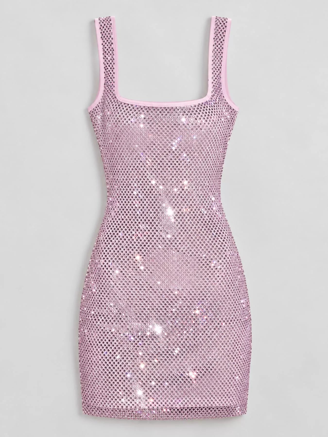 Pink rhinestone mesh bodycon mini dress shown flat, front view unworn
