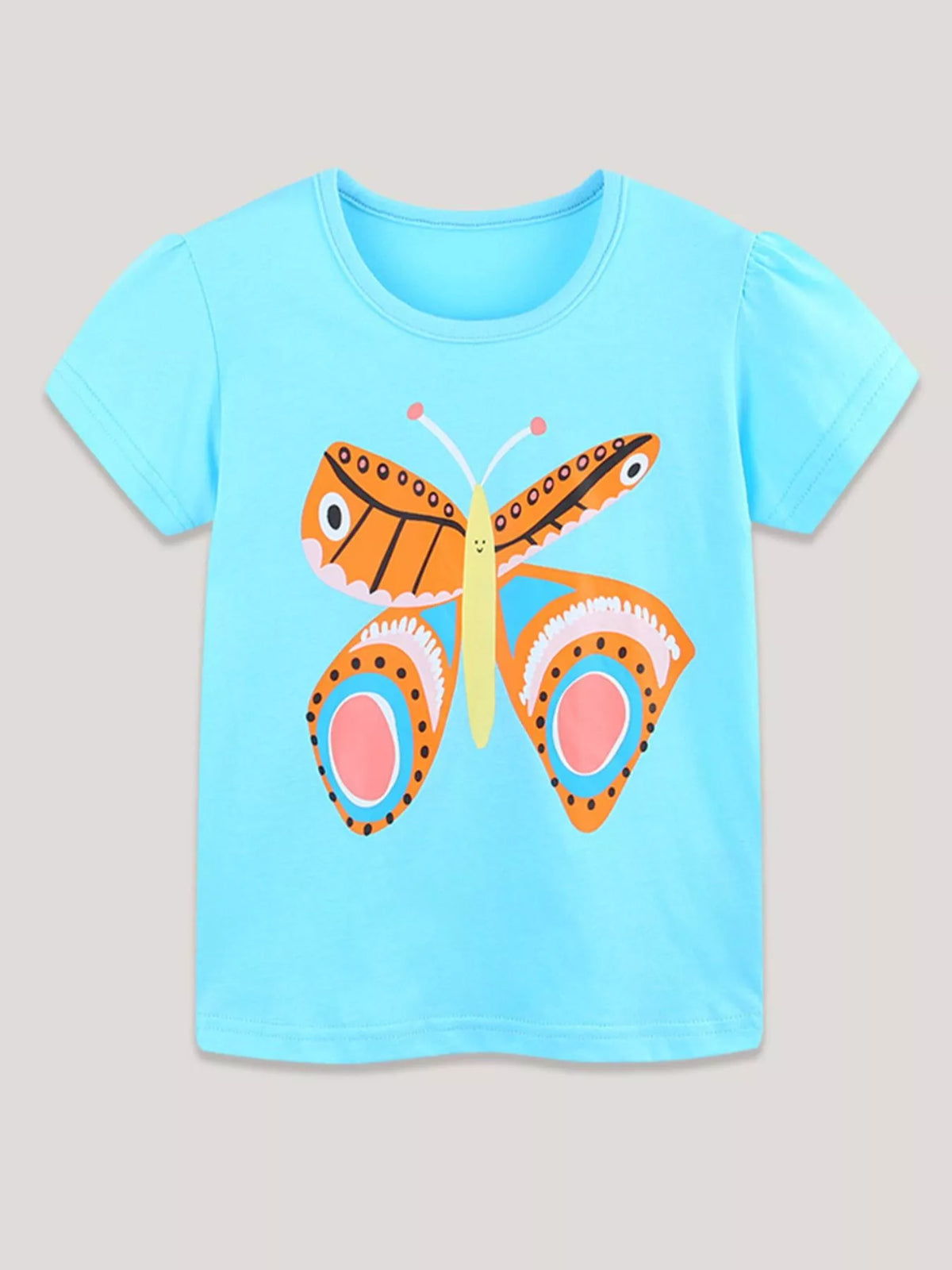 Children's pastel blue short-sleeve T-shirt featuring a butterfly graphic.