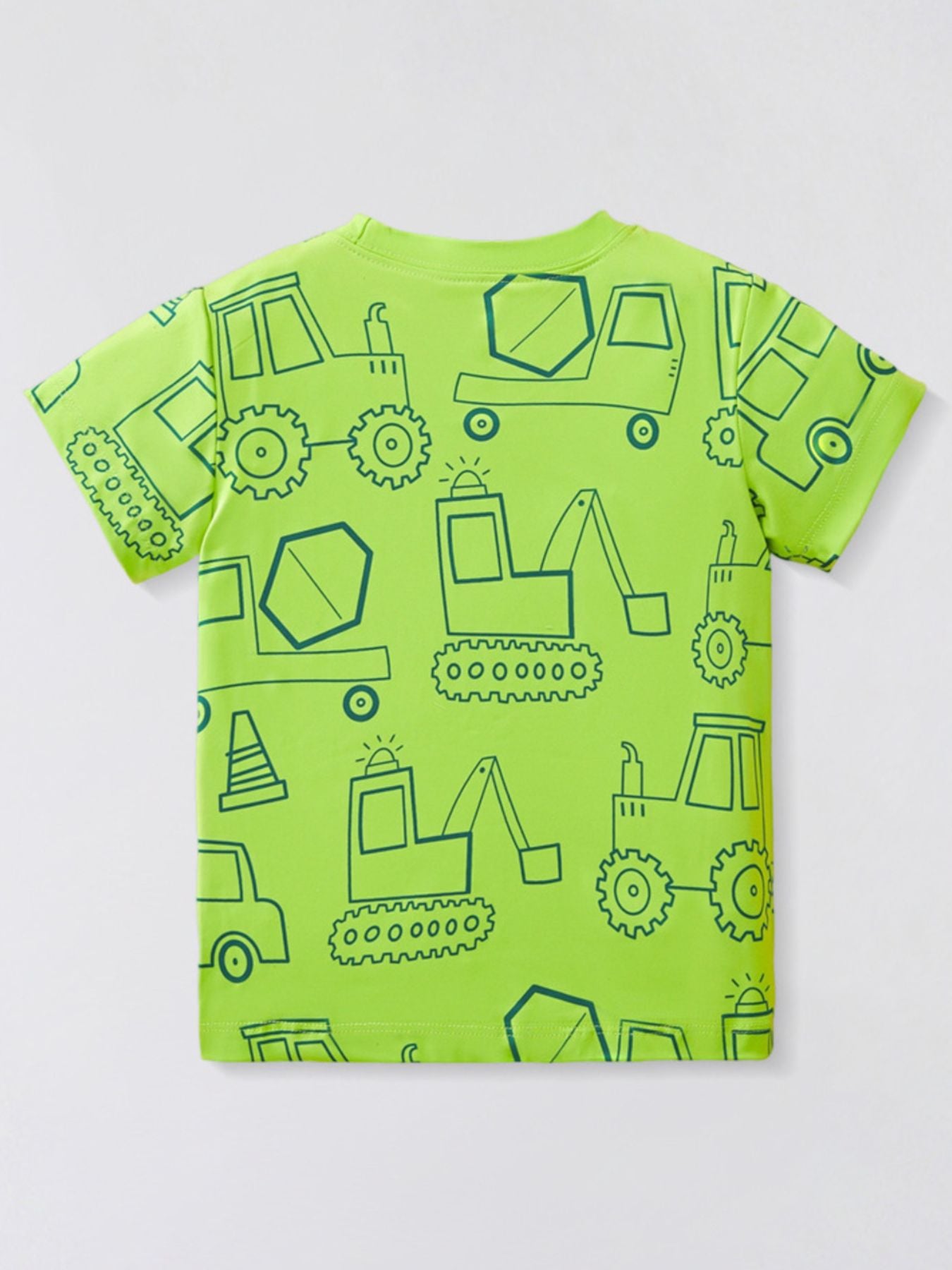 Flat lay back view of children's neon green t-shirt with all-over construction vehicle print