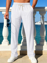 Men's casual striped pants with a drawstring waist and pockets.