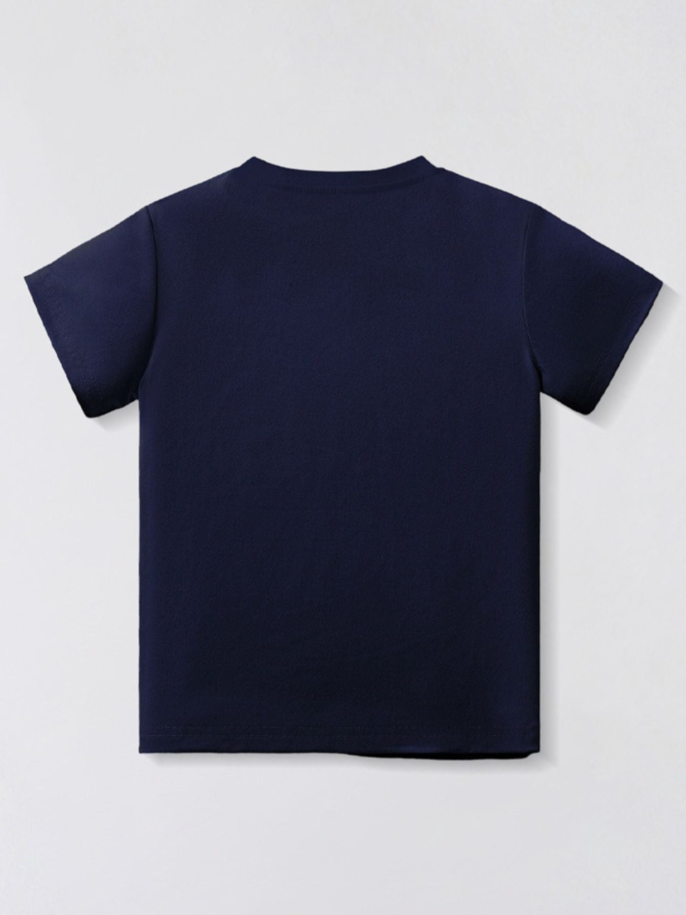 Back view of plain dark navy children's short sleeve t-shirt with no print
