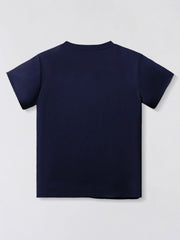 Back view of plain dark navy children's short sleeve t-shirt with no print