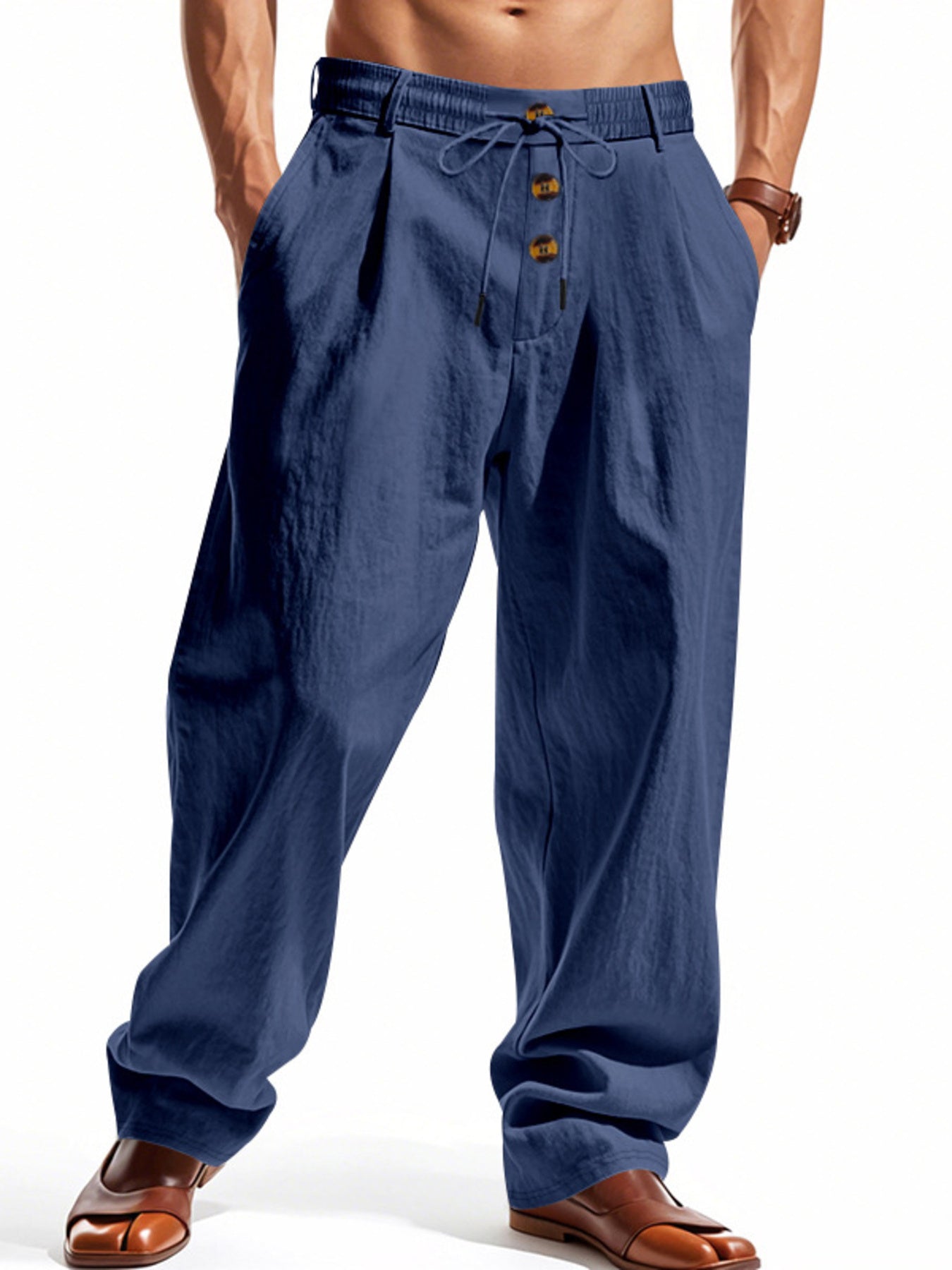 Men's navy blue loose-fit pants with a drawstring waist and pockets.