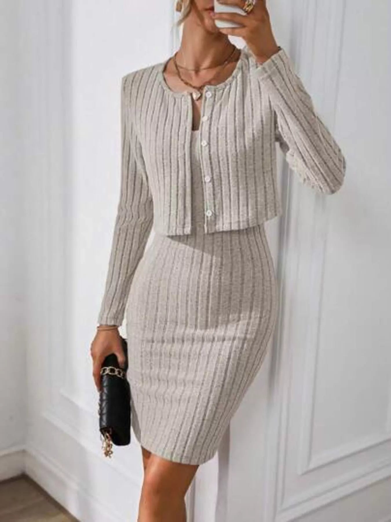 Khaki ribbed knit cami dress with cardigan, front view holding a clutch