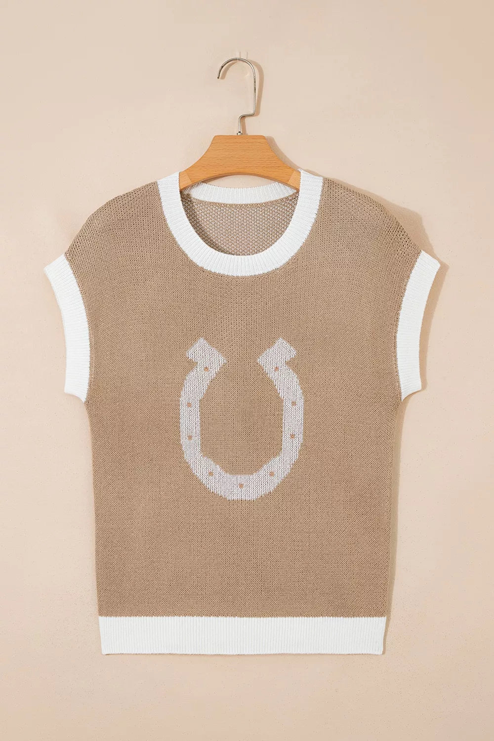 Hanging front view of a mocha short sleeve sweater with a white horseshoe