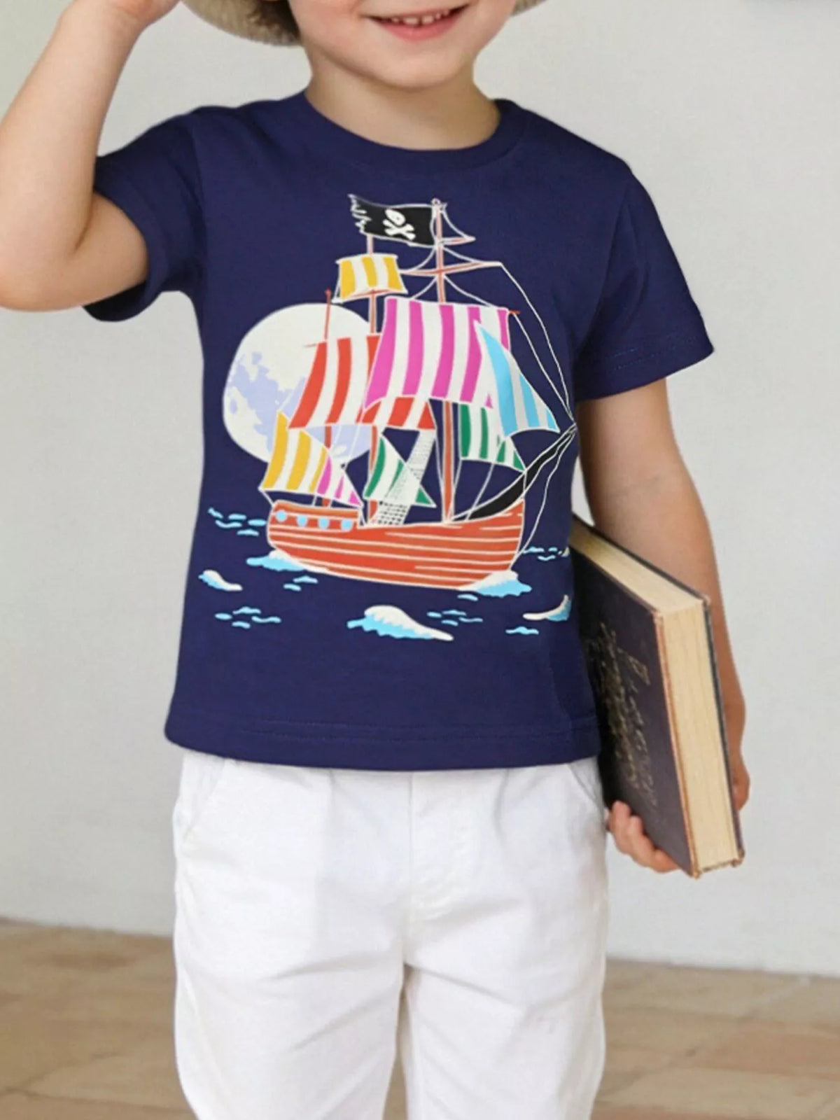 Dark navy children's short sleeve t-shirt with large colorful striped pirate ship graphic