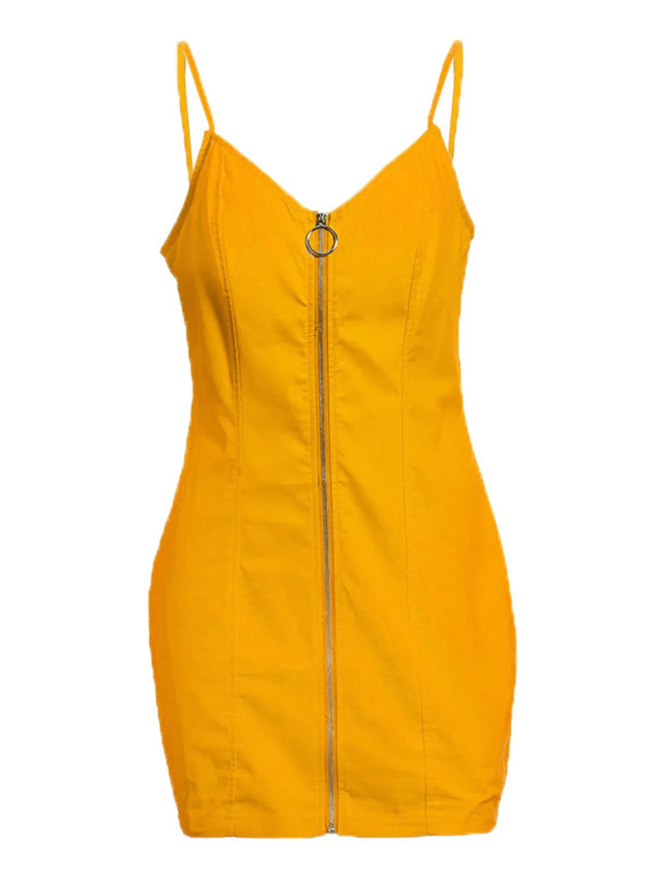 Mustard yellow zip front bodycon mini dress laid flat, front view with V neckline and ring zip pull