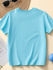 Back view of plain pastel blue children's tee laid flat with short sleeves