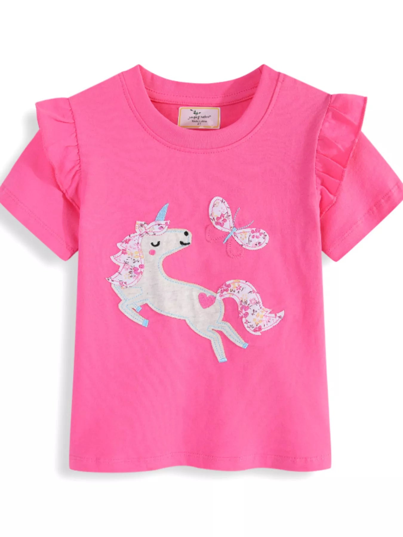 Front view of fuchsia pink children's ruffle sleeve tee with unicorn and butterfly applique