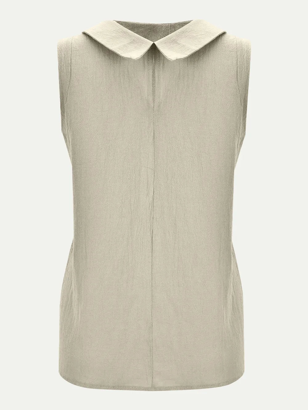 Sleeveless beige top with a rounded Peter Pan collar and subtle center seam, shown from the back