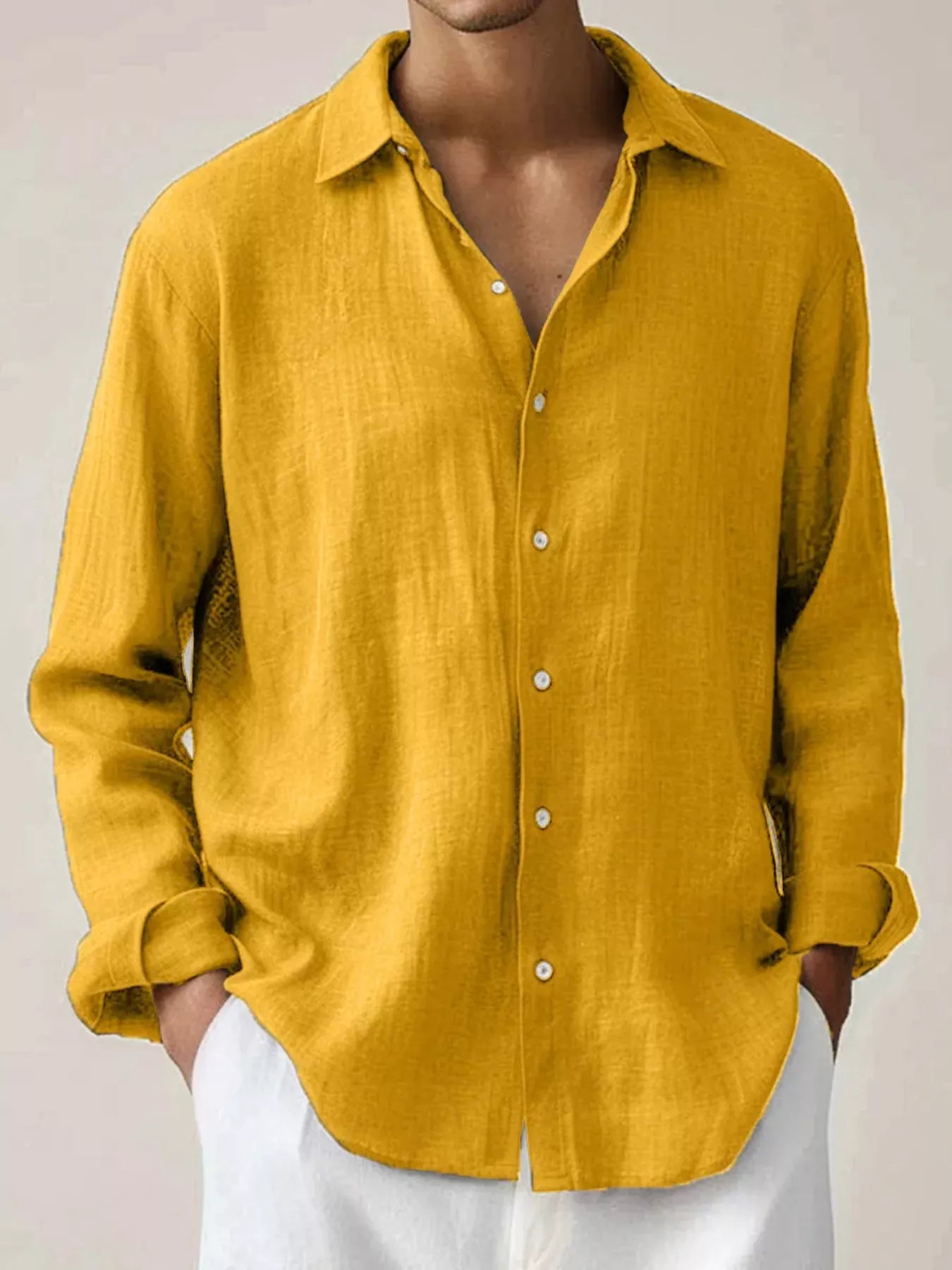 Men's long-sleeve button-up shirt made from a cotton-spandex blend.