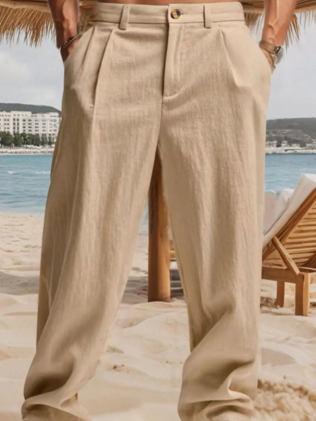 Men's khaki pleated pants with pockets and a relaxed fit.