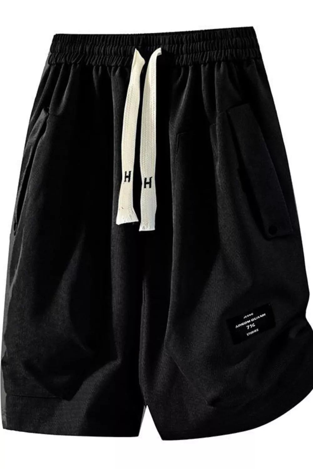 Men's black lightweight shorts with a drawstring waist and pockets.