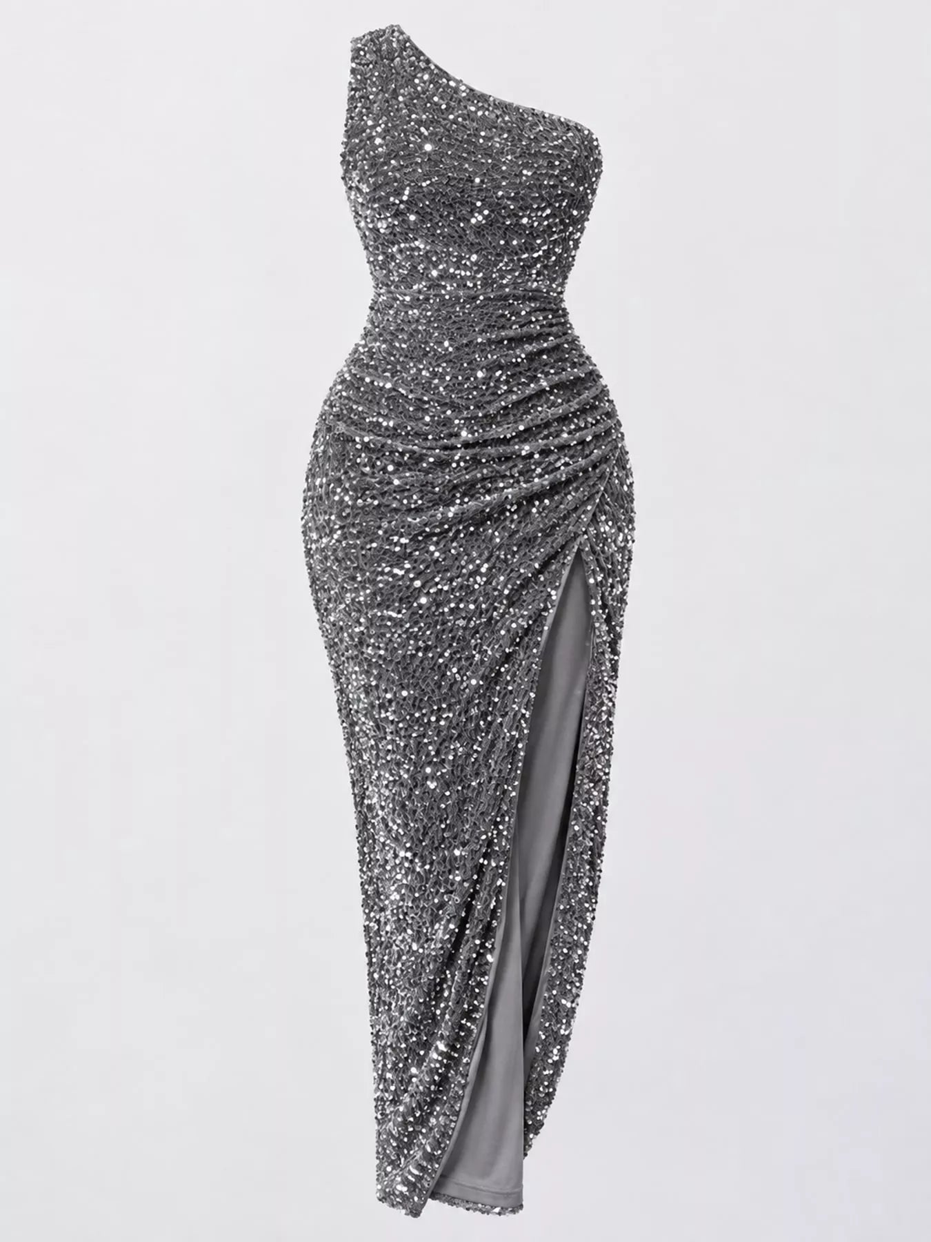 Grey sequin one shoulder evening dress shown flat front facing with a high slit