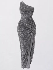 Grey sequin one shoulder evening dress shown flat front facing with a high slit