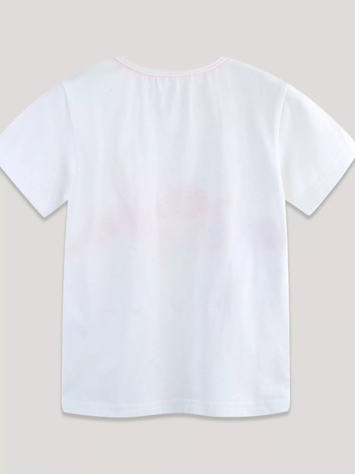 Back view of the plain white children's short sleeve t-shirt with faint print show-through