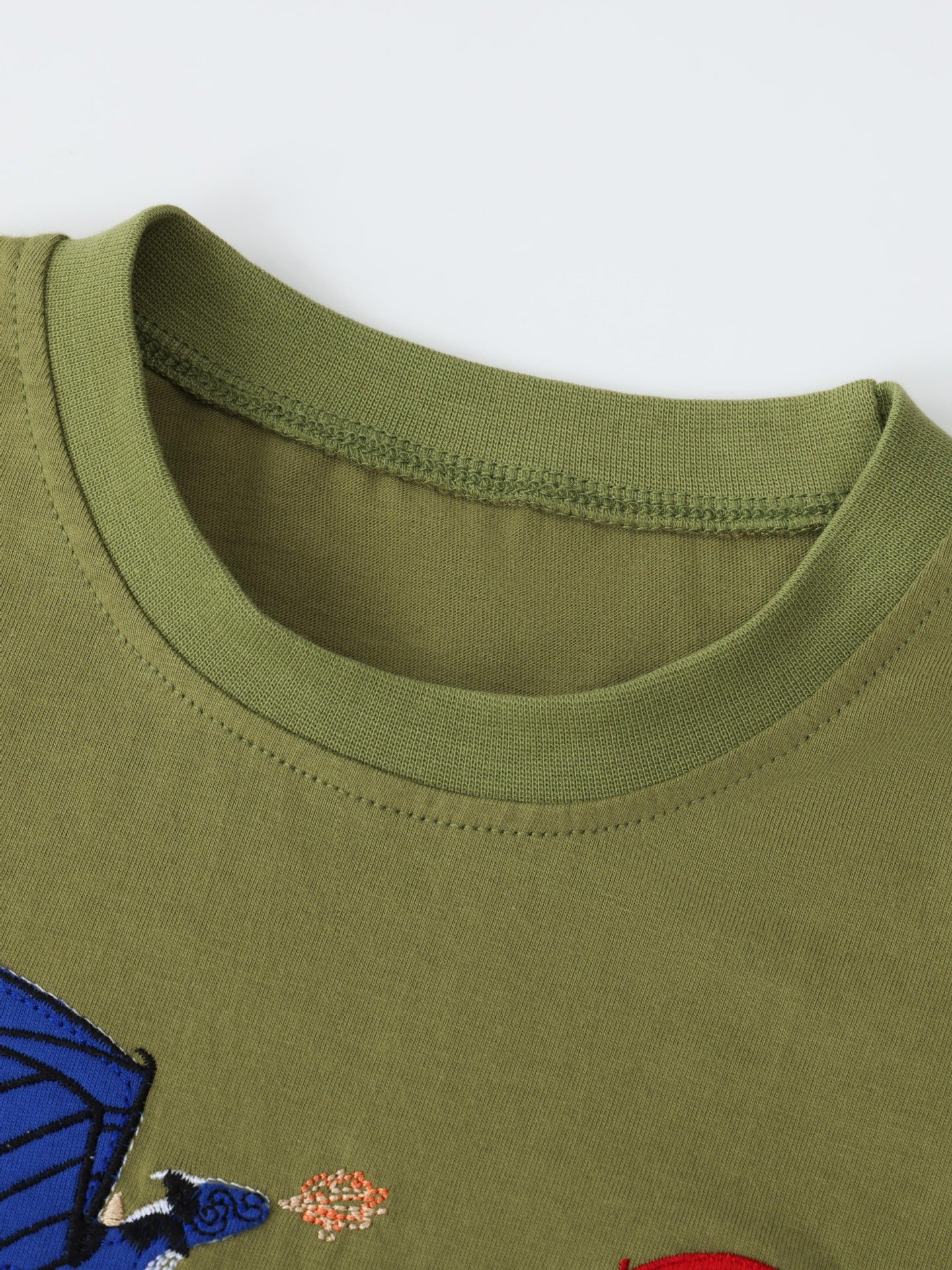 Close-up of olive children's t-shirt neckline showing ribbed collar and neat stitching