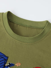 Close-up of olive children's t-shirt neckline showing ribbed collar and neat stitching