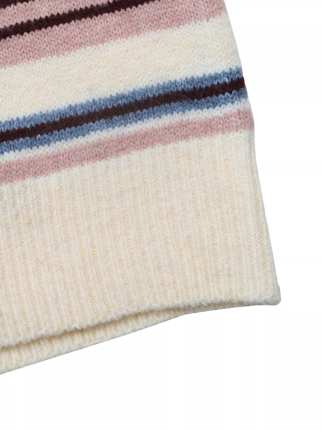 Close-up of a cream ribbed sweater hem below pink, blue, and burgundy stripes