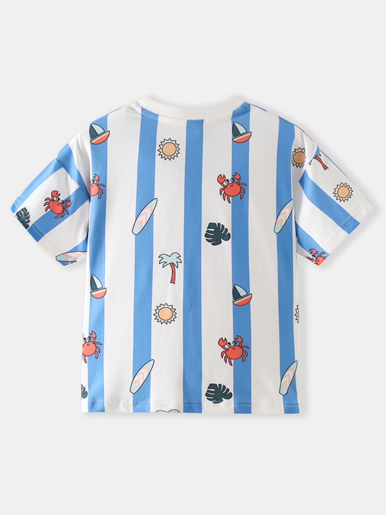 Flat back view of a white and blue striped children's tee with beach cartoon prints