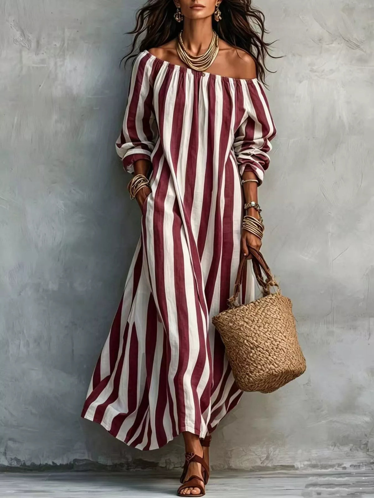 Burgundy and white striped off shoulder dress with long sleeves and side pockets
