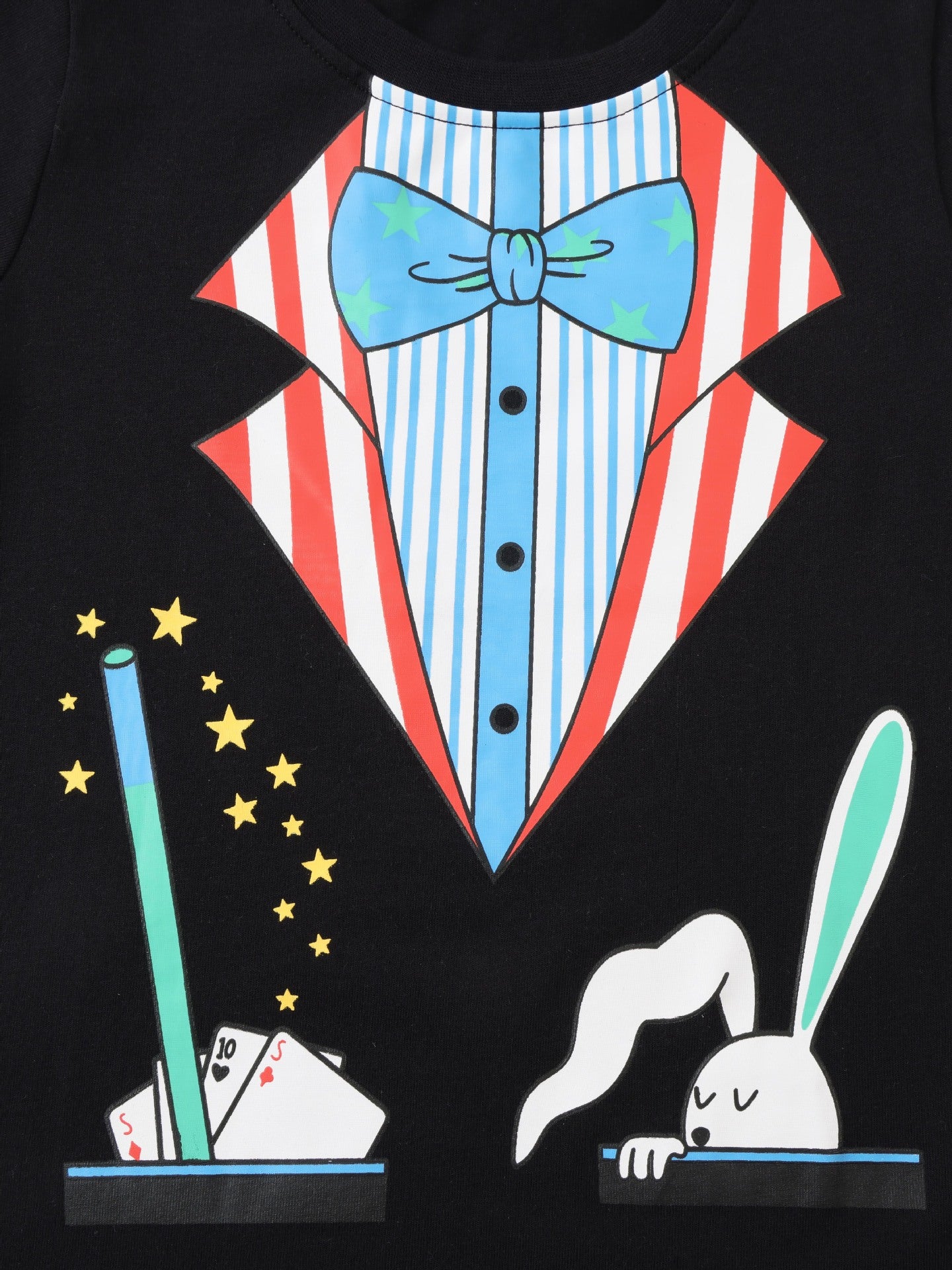 Close-up detail of the magician costume graphic with wand, cards and rabbit