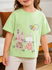 Front view of light green children's tee with two cartoon bunnies in floral dresses and a butterfly