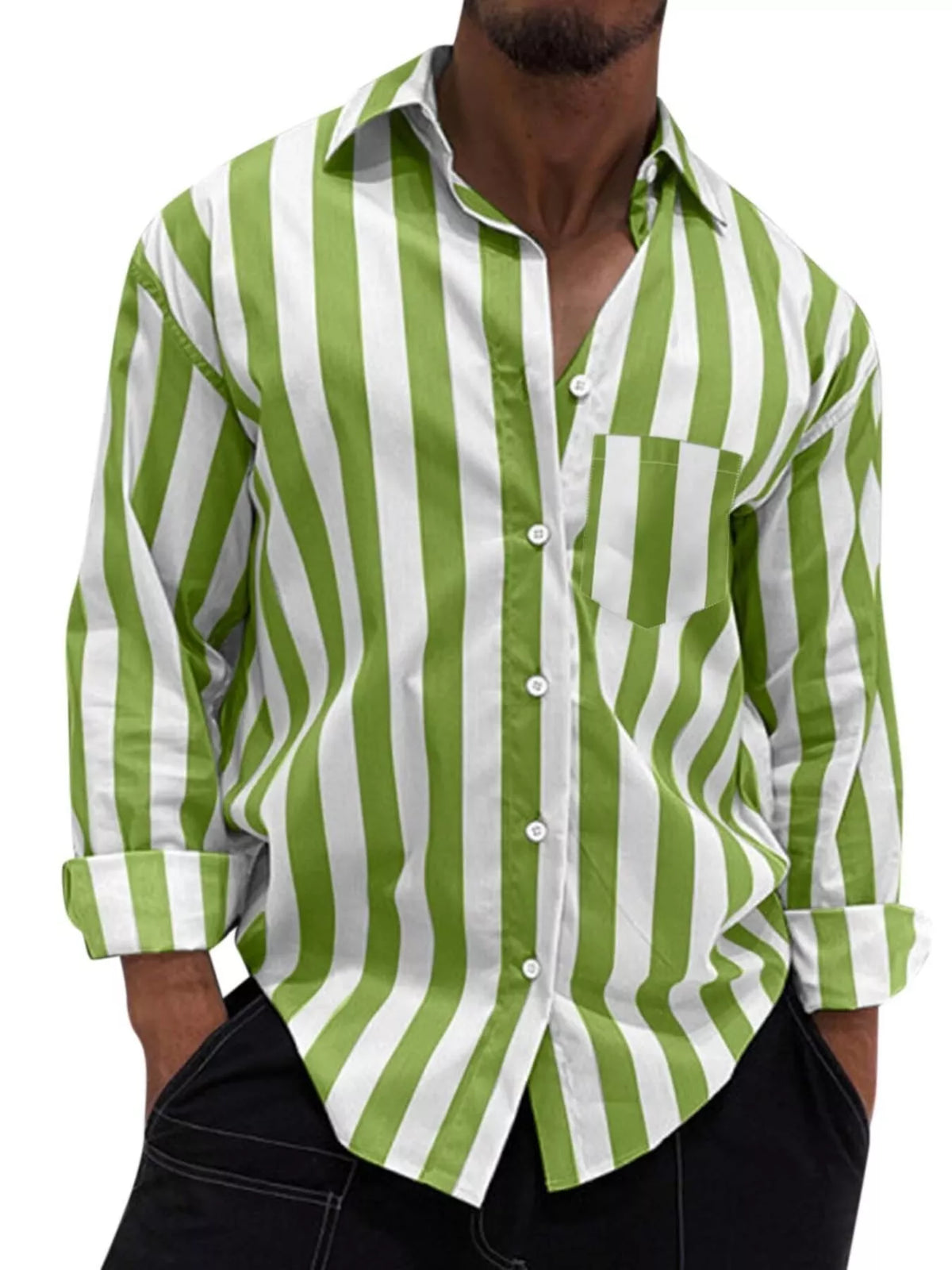 Men's long-sleeve button-up shirt with pockets and seam details.
