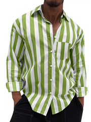 Men's long-sleeve button-up shirt with pockets and seam details.