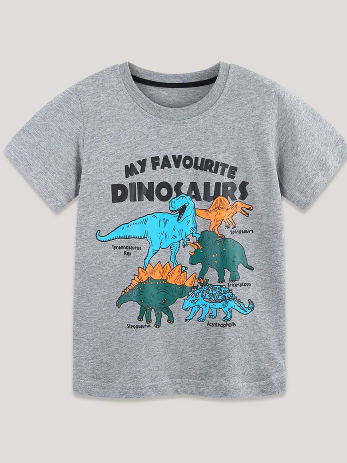 Gray children's short sleeve t-shirt laid flat with labeled colorful dinosaurs and bold dinosaur lettering