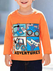 Front view of a children's orange long sleeve tee with a four panel vehicle graphic