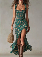 Green floral smocked maxi dress with ruffle straps and high low ruffle hem