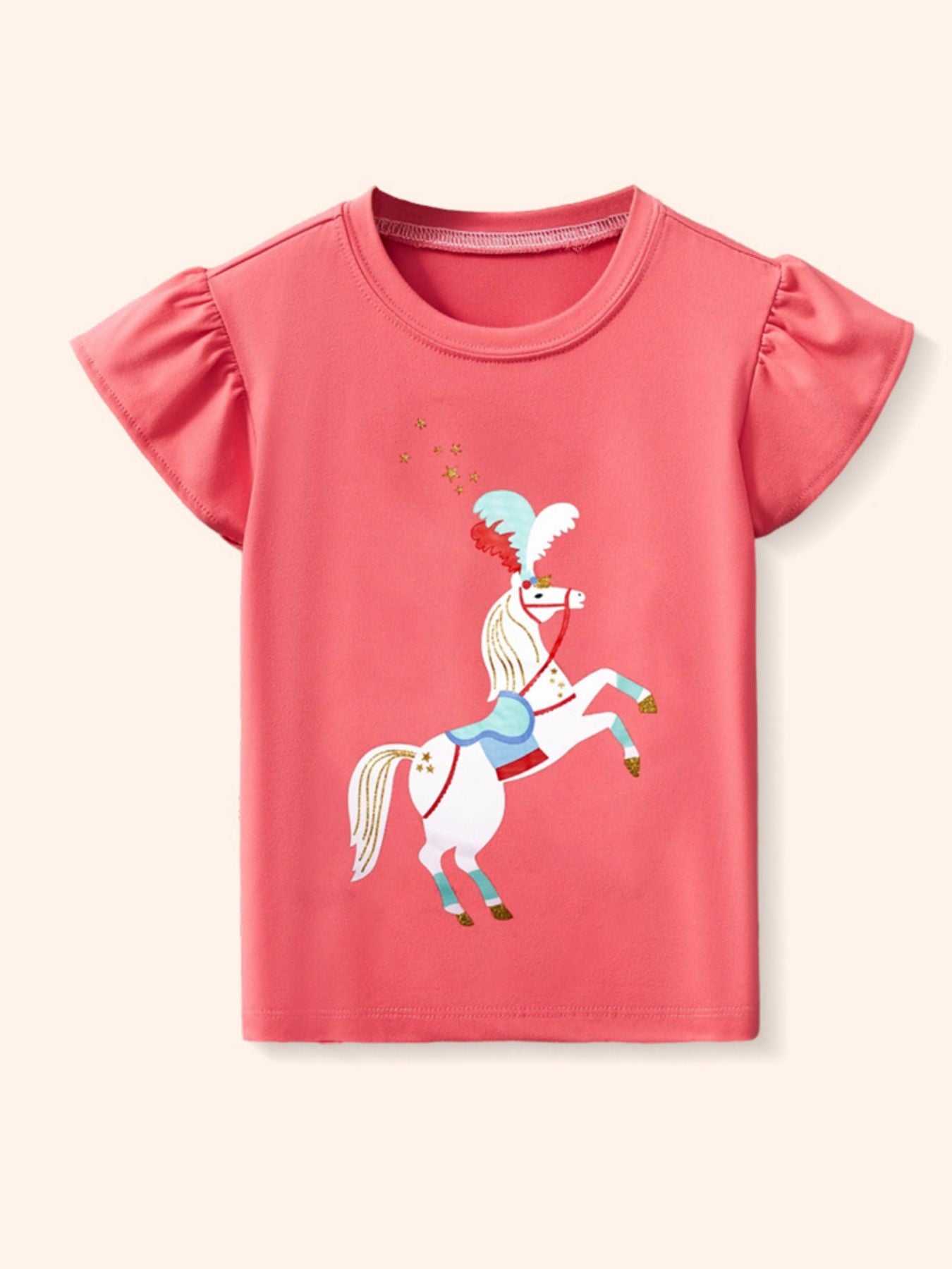 Coral children's ruffle sleeve t-shirt with white rearing cartoon horse and gold stars, front view
