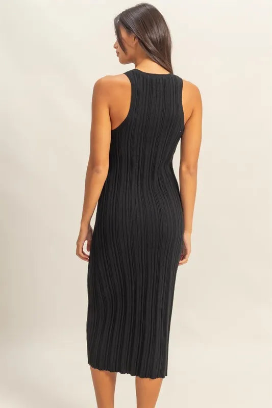 Black sleeveless ribbed knit bodycon dress with round neck, back view on model
