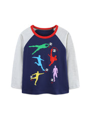 Flat front view of the dark navy raglan tee with grey sleeves and red neckline trim