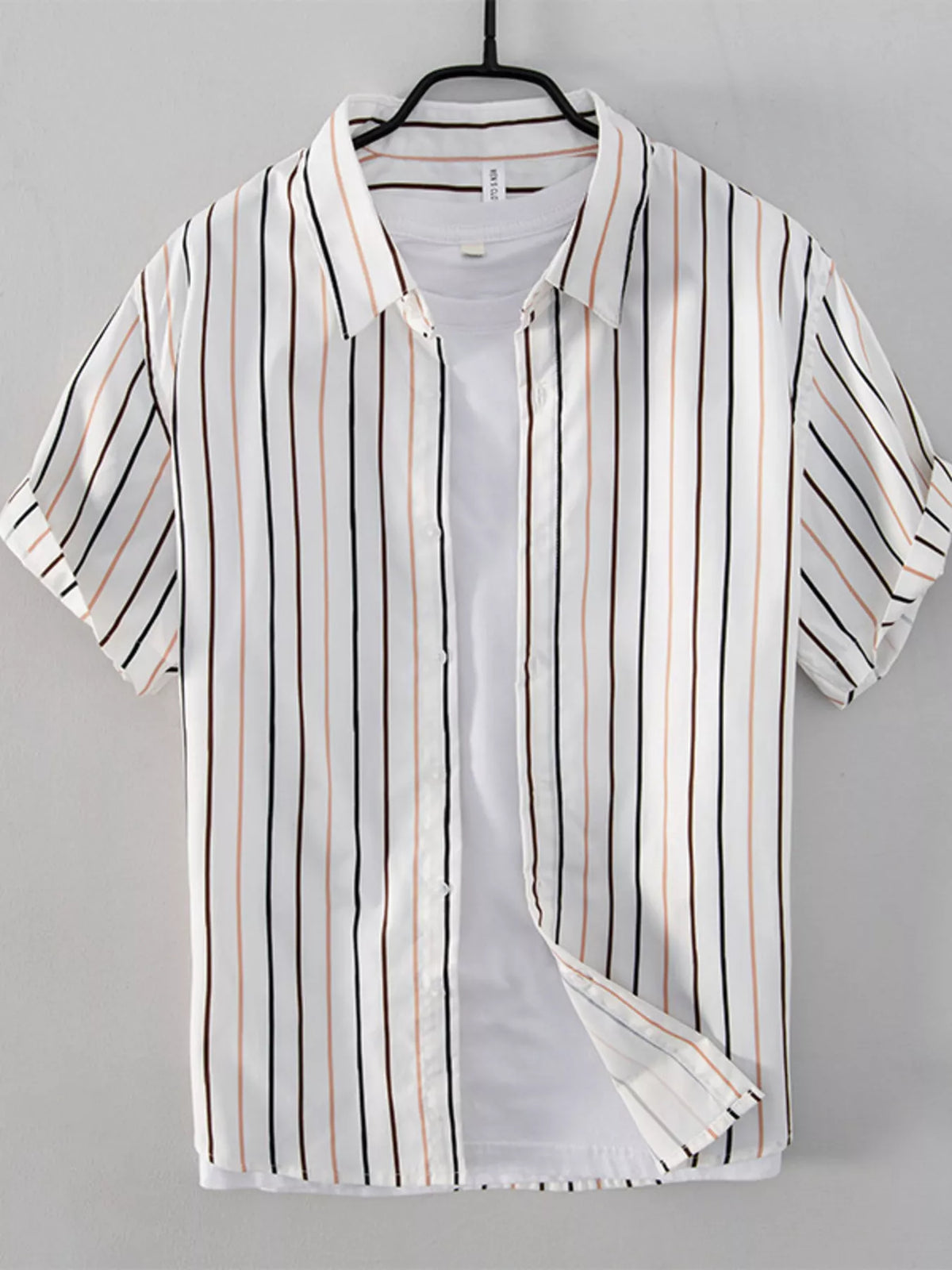 Men's striped button-up shirt available in a plus-size range.